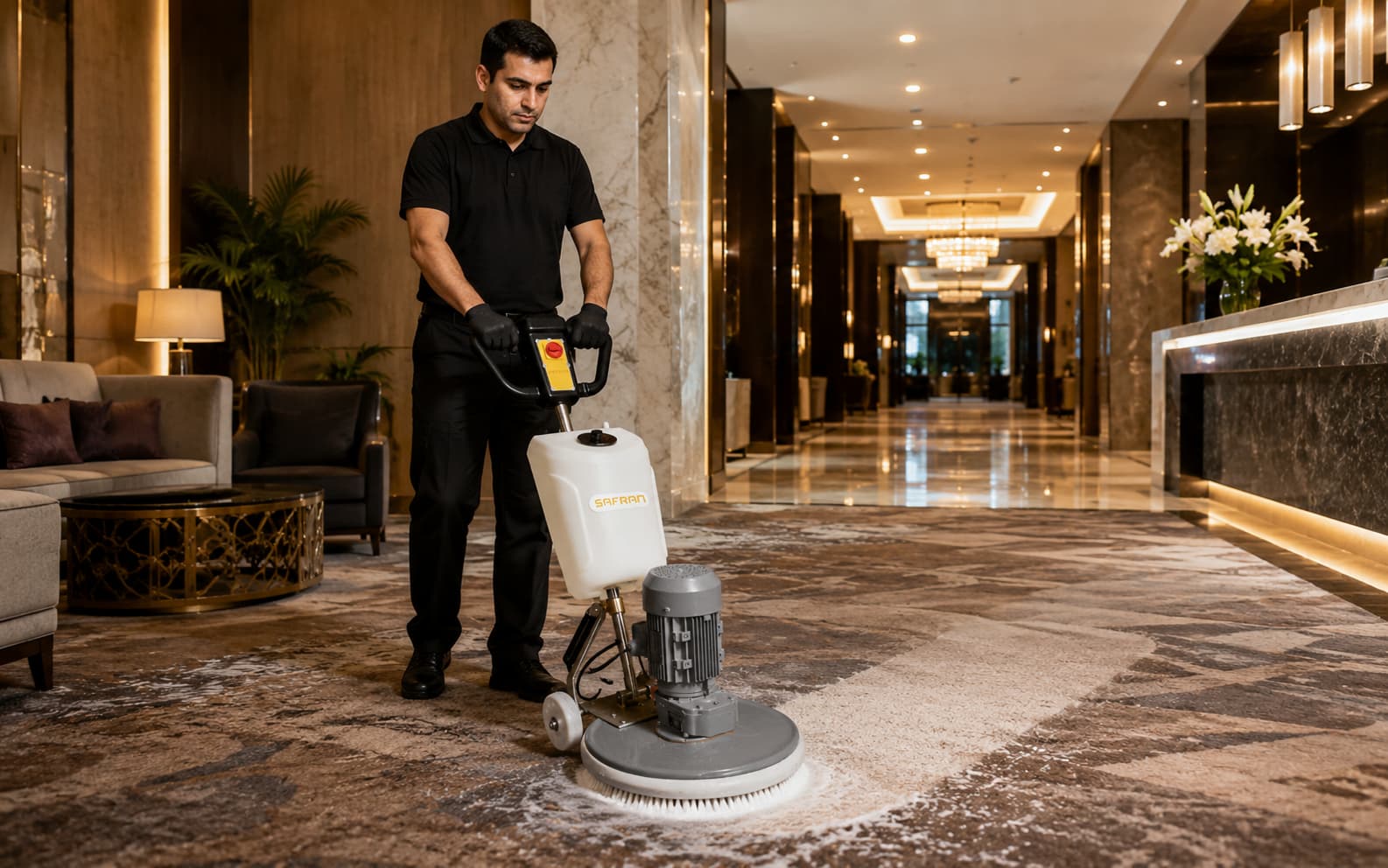 Otel koridorunda yerinde halı yıkama uygulaması yapan profesyonel temizlik ekibi