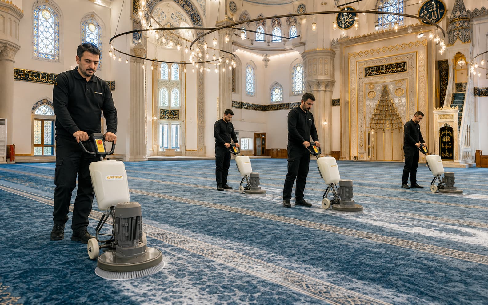 Cami halısı yıkama için yerinde profesyonel halı temizliği uygulaması