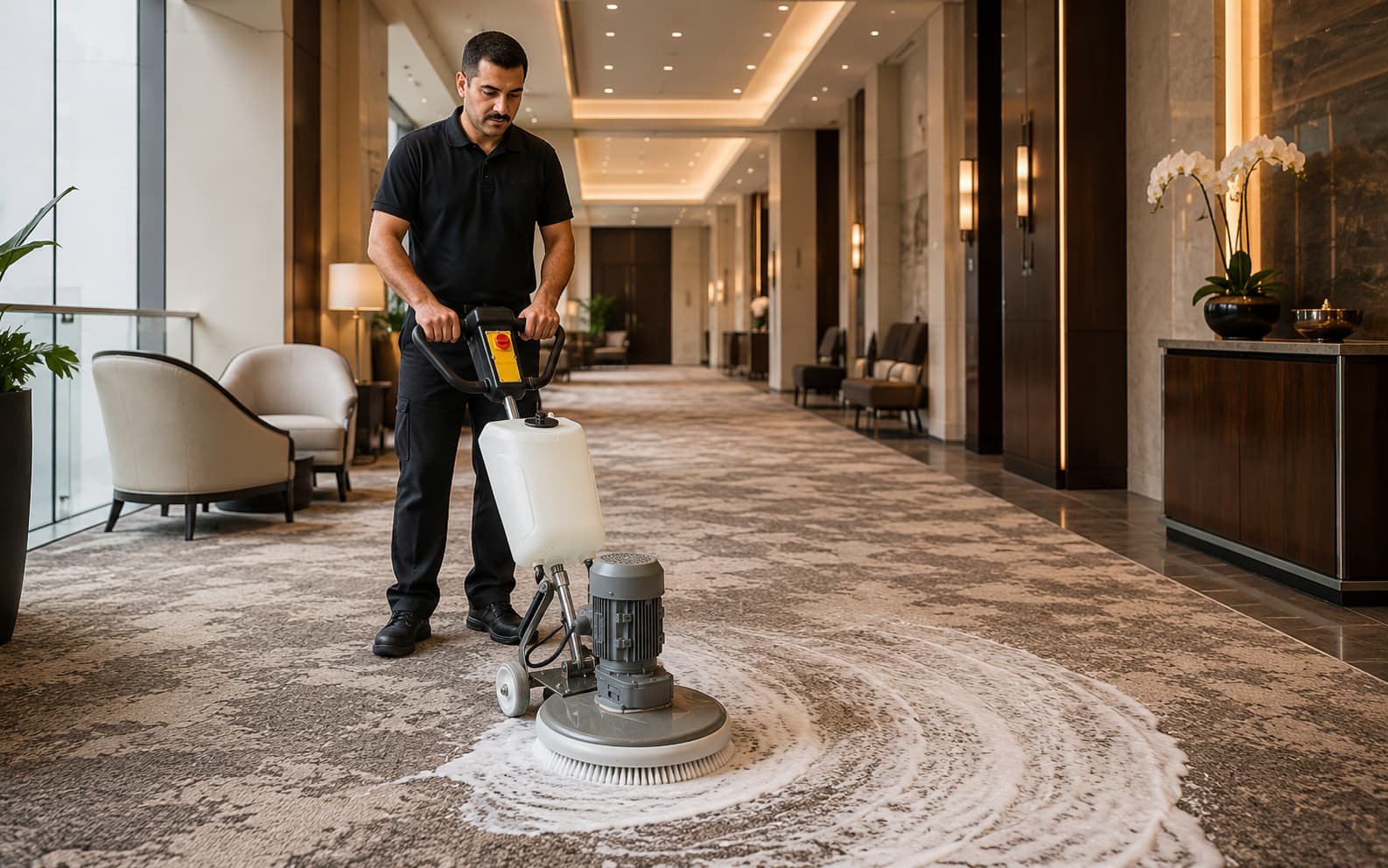 Otel koridorunda profesyonel makineyle yerinde halı temizliği uygulaması