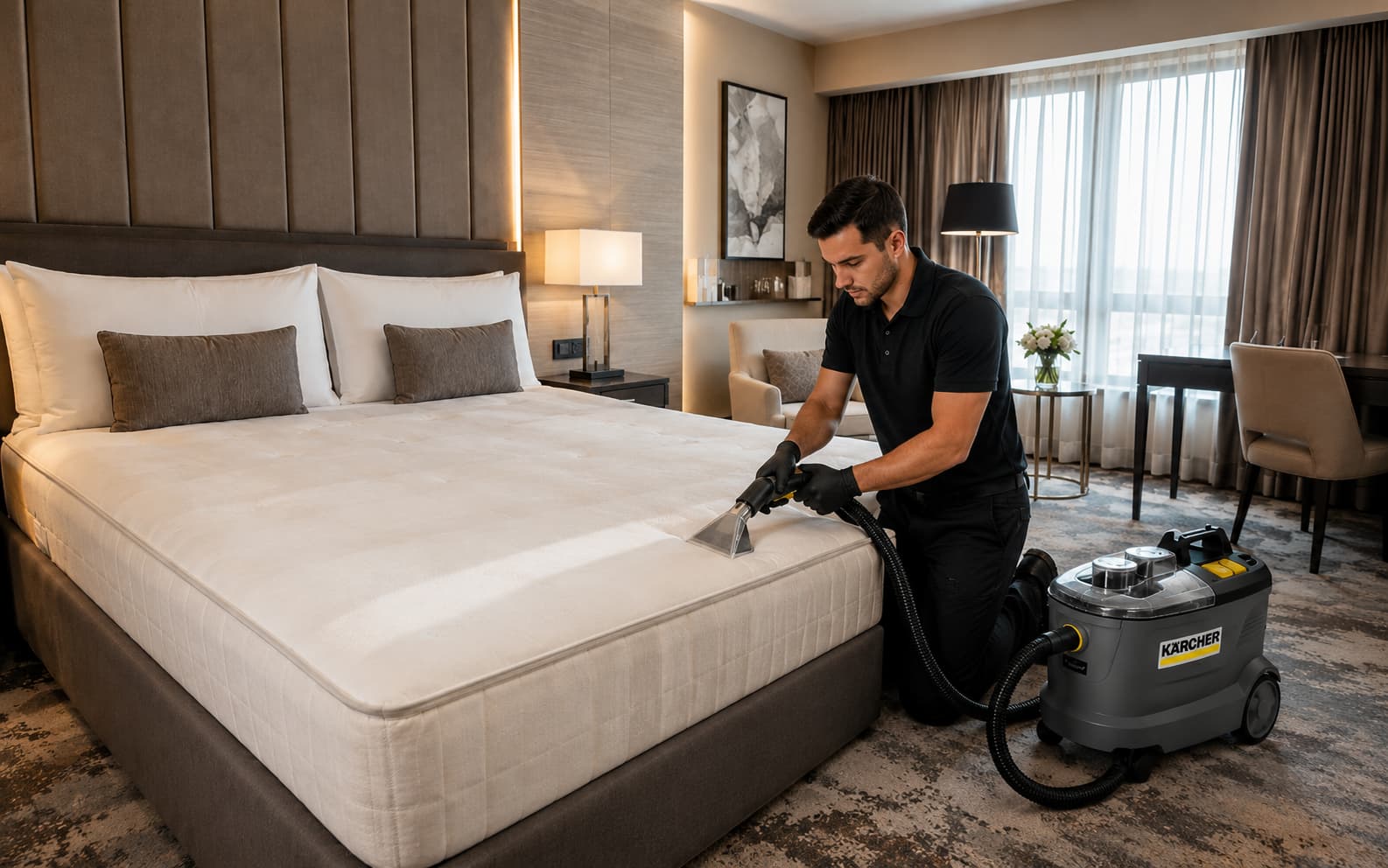 Otel odasında profesyonel ekipmanla yatak yıkama hizmeti
